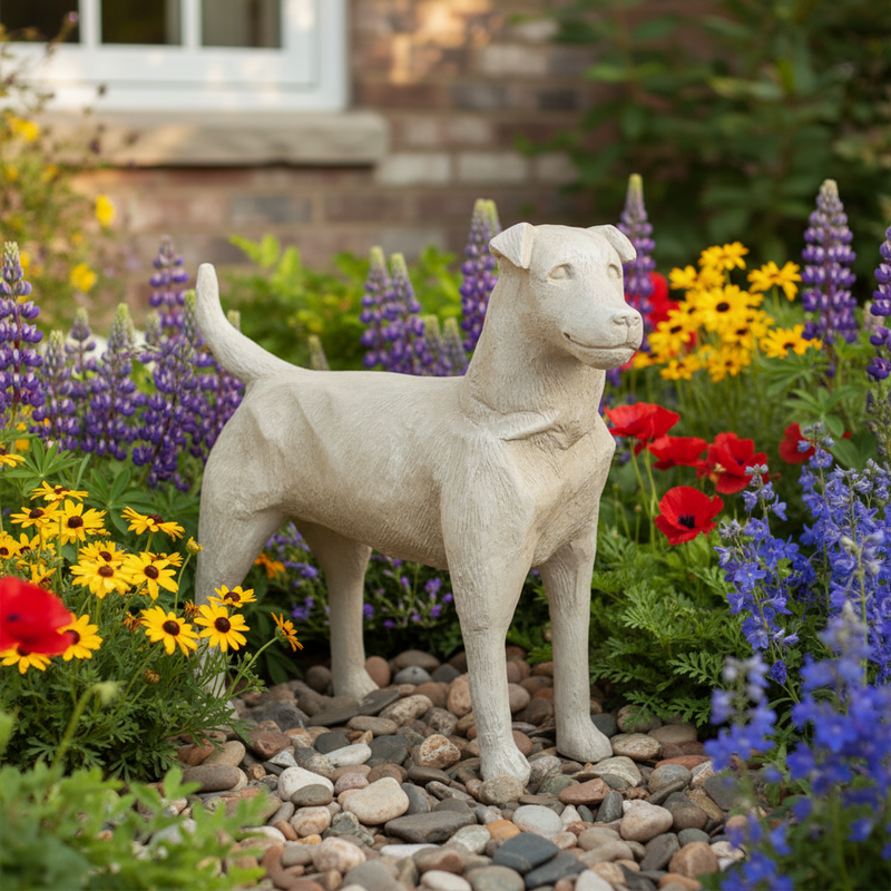 Terrier dog statue with classical European style, featuring detailed fur texture and a poised, alert stance. Side Angle