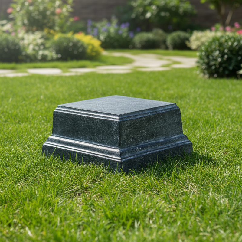 Square pedestal base with stepped classical design, featuring ornate old world European detailing and subtle weathered texture. Side Angle