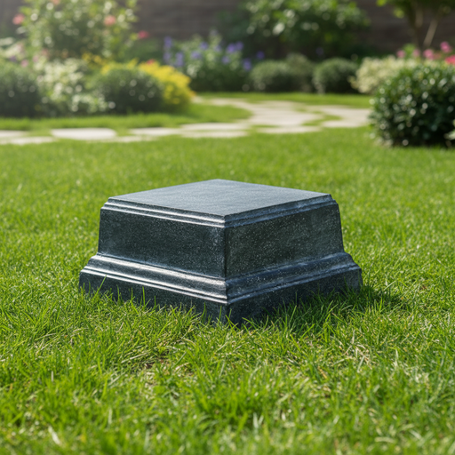 Square pedestal base with stepped classical design, featuring ornate old world European detailing and subtle weathered texture. Side Angle
