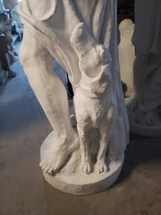 Classical Renaissance-style male statue with draped cloth, standing beside a dog, featuring detailed, lifelike sculptural elements. Side View