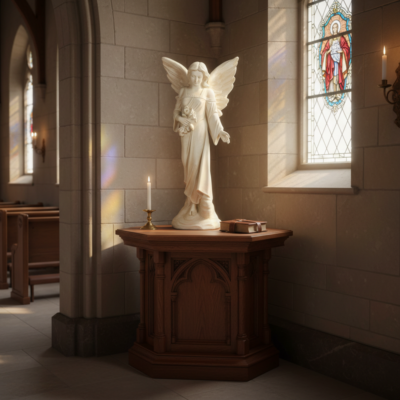 Baroque angel statue with flowing robes, ornate wings, and floral details, evoking old world European classical style. Side Angle