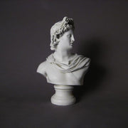 Classical Greek-style bust with ornate drapery and detailed hair, featuring a serene, idealized facial expression. Different Angle