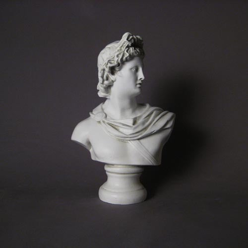 Classical Greek-style bust with ornate drapery and detailed hair, featuring a serene, idealized facial expression. Different Angle