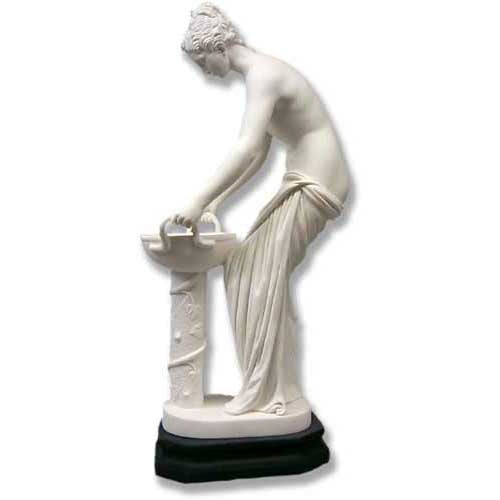 Classical Greek-style female statue draped in flowing robes, leaning gracefully over an ornate pedestal basin.