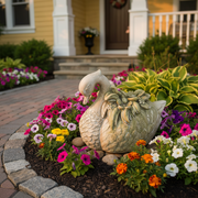 Swan-shaped planter with ornate old world European detailing and classical botanical accents on the wings and back. Side Angle