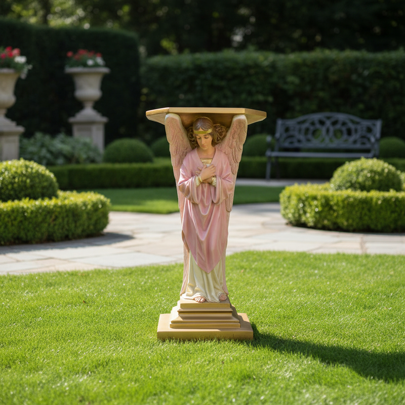 Standing Angel Pedestal Holding A Chalice Outdoor Statue (38-Inch)