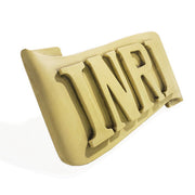 INRI plaque with bold, classical raised lettering on an ornate, scroll-shaped background in old world European style. Side View