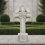 Celtic cross with ornate old world European detailing and classical carved patterns, featuring a circular halo and inscribed base. Side Angle