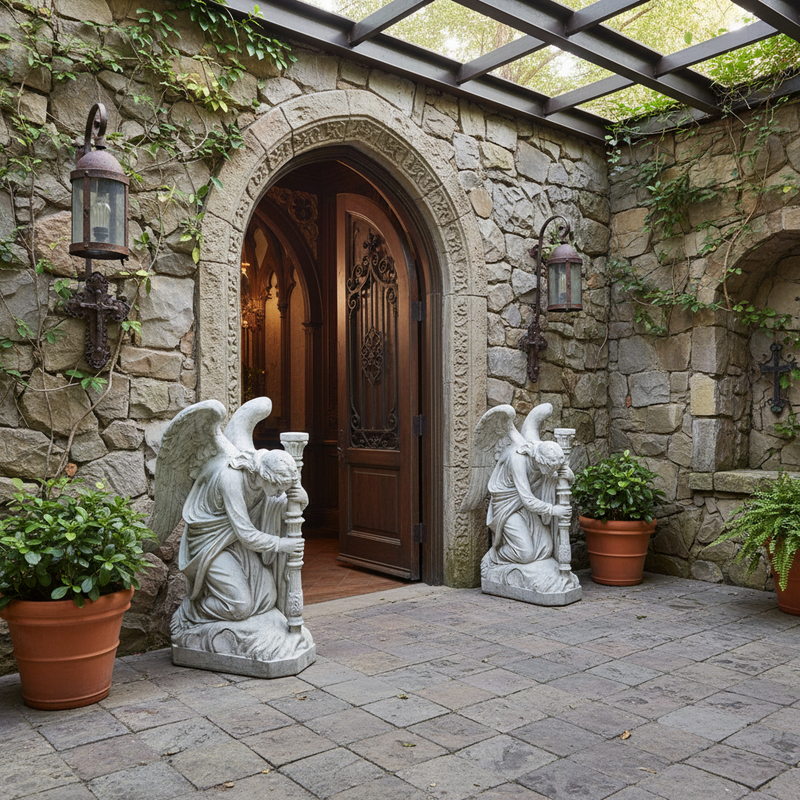 Pair Of Kneeling Angels Outdoor Statue With Candlestick (35-Inch)