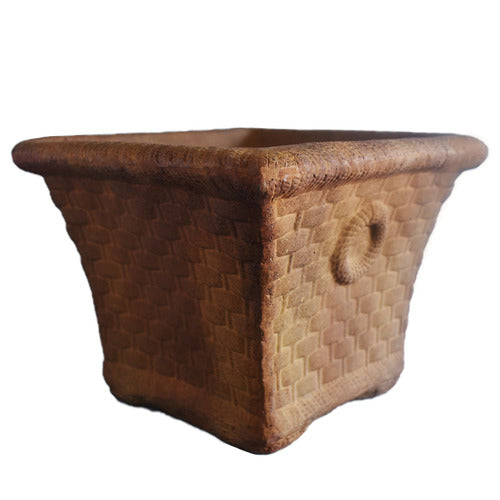 Square planter with woven basket texture, ornate rope detail, and old world European classical design influences.
