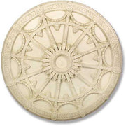 Ornate round ceiling medallion with classical Gothic and Baroque detailing, featuring intricate floral and geometric patterns.