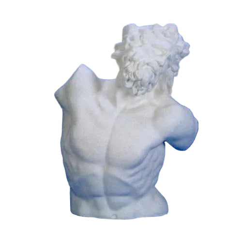 Classical Greek-style male torso sculpture with detailed musculature and ornate, curly hair, evoking an old world European aesthetic.