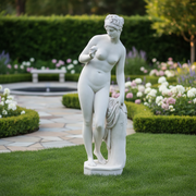 Classical Greek-style female statue in a contrapposto pose, with ornate detailing and draped cloth, evoking Renaissance elegance. Side Angle