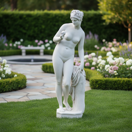 Classical Greek-style female statue in a contrapposto pose, with ornate detailing and draped cloth, evoking Renaissance elegance. Side Angle