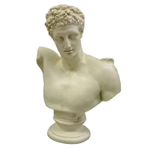 Classical Greek-style male bust with curly hair and detailed facial features, displayed on a round pedestal base.