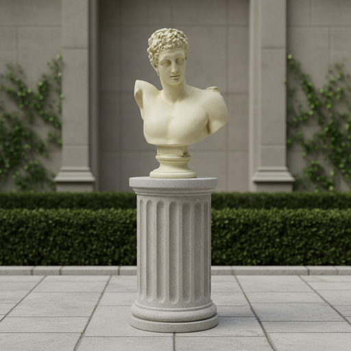 Classical Greek-style male bust with curly hair and detailed facial features, displayed on a round pedestal base. Side Angle
