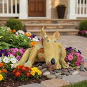Whimsical dog sculpture with exaggerated features, elongated snout, and playful expression in a quirky, old world European style. Side Angle