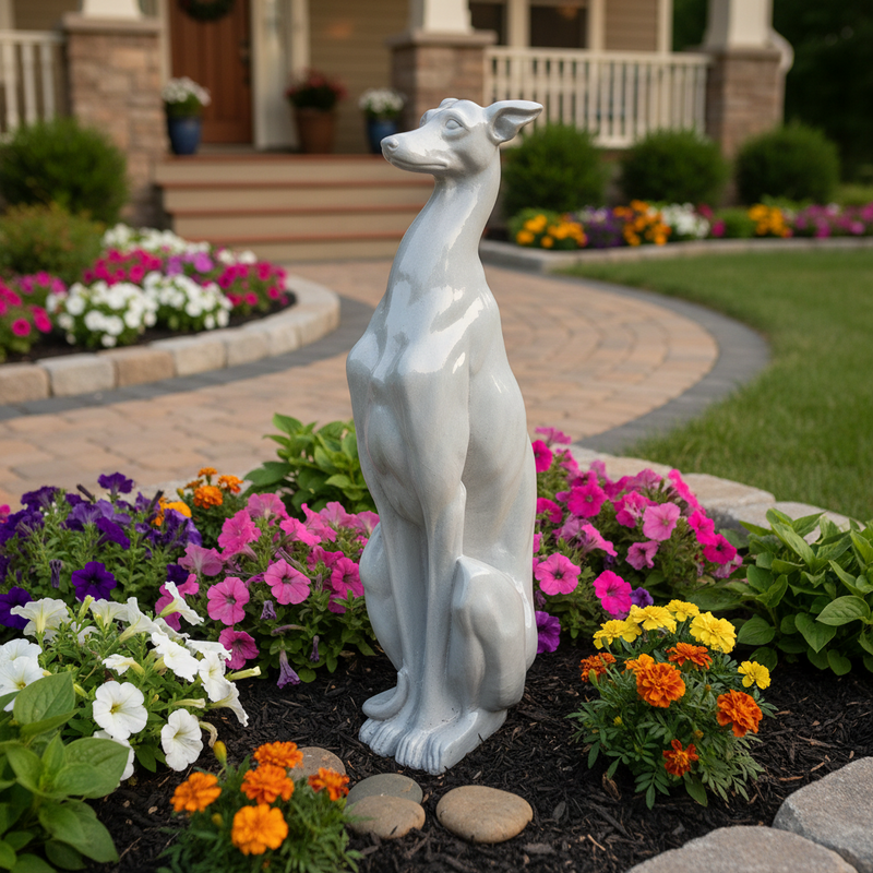 Greyhound statue with elongated features, classical European style, elegant and poised with subtle ornate detailing. Side Angle