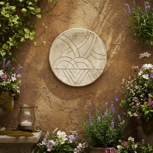Round decorative plate with geometric Art Deco-inspired patterns and subtle old world European style detailing. Side Angle