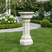 Gothic-style pedestal with ornate pointed arches and octagonal base, featuring classical old world European architectural details. Side Angle