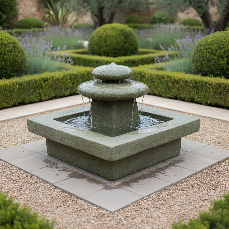 Tiered old world European fountain with stacked rounded forms and square basin, featuring a simple, classical architectural style. Side Angle