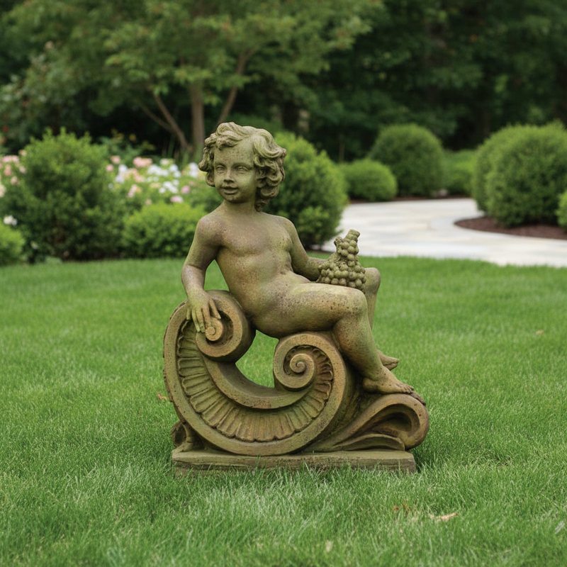 Classical Cherub with Grapes on Decorative Base Outdoor Statue (36 - Inch) Side View