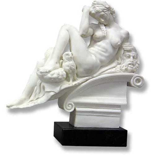 Reclining classical figure with owl and sculpted head, featuring ornate old world European and Renaissance-inspired details.