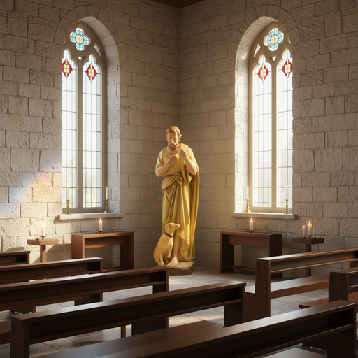 Saint figure in classical Renaissance style robes with a dog at his feet, featuring ornate old world European detailing. Side Angle