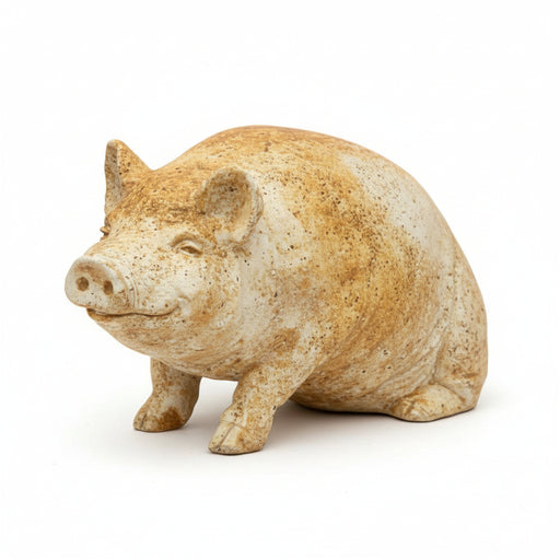 Ornate old world European pig figurine with a rounded body, detailed facial features, and a classical rustic finish.