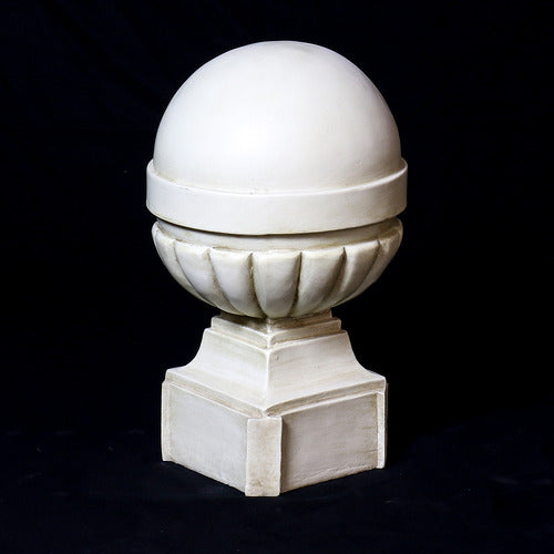 Ornate old world European finials with classical rounded tops and fluted bases on square pedestals in three graduated sizes. Different Angle