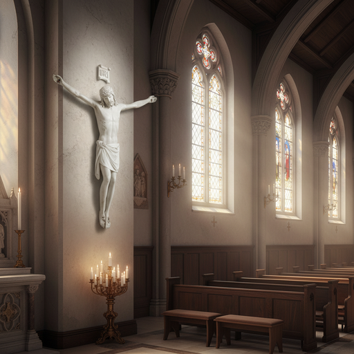 Crucifix with classical Renaissance style, featuring an ornate depiction of Christ with outstretched arms and detailed drapery. Side Angle