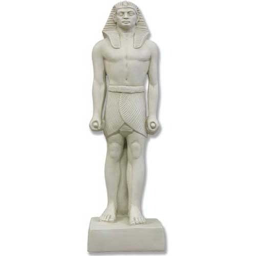 Pharaoh statue in classical ancient Egyptian style with ornate headdress, pleated kilt, and upright, symmetrical posture.
