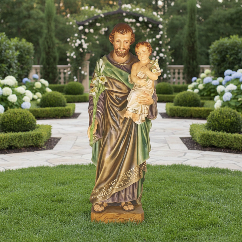 Saint holding child in ornate, old world European style with classical drapery and Baroque detailing, featuring intricate floral accents. Side Angle