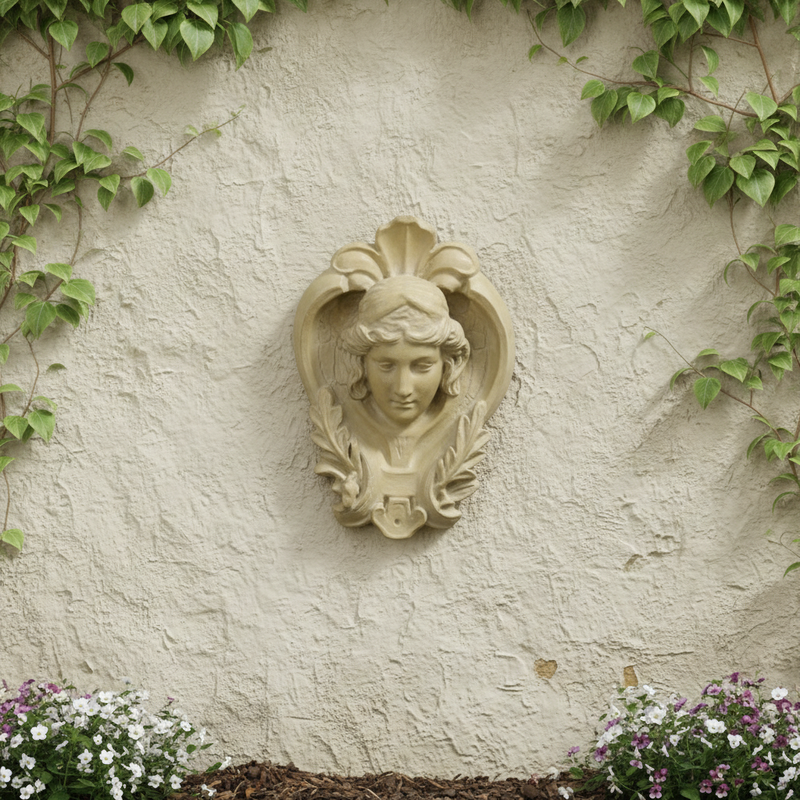 Cherub wall plaque with classical Baroque detailing, ornate wings, and laurel accents in old world European style. Side Angle