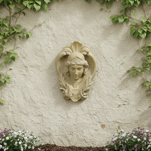 Cherub wall plaque with classical Baroque detailing, ornate wings, and laurel accents in old world European style. Side Angle