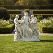 Baroque-style sculpture depicting three robed men in a dramatic, classical scene with ornate detailing and expressive poses. Side Angle