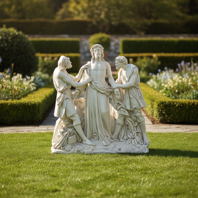 Baroque-style sculpture depicting three robed men in a dramatic, classical scene with ornate detailing and expressive poses. Side Angle