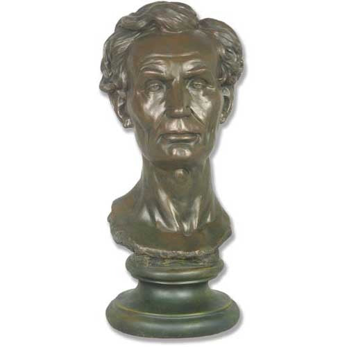 Classical old world European style bust with realistic facial features and ornate detailing on a round pedestal base.