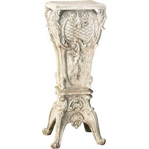 Ornate pedestal stand with classical Baroque detailing, intricate scrollwork, and old world European decorative motifs.