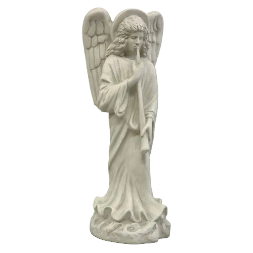 Standing angel with large wings playing a flute.