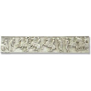 Classical Greek frieze featuring ornate, detailed figures of horsemen and attendants in dynamic procession, inspired by ancient reliefs.