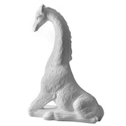 Seated giraffe sculpture with elongated neck and stylized, ornate detailing in a classical old world European style.