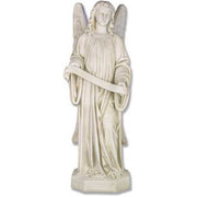 Standing angel with large wings and a serene facial expression holding a scroll on a hexagonal base.