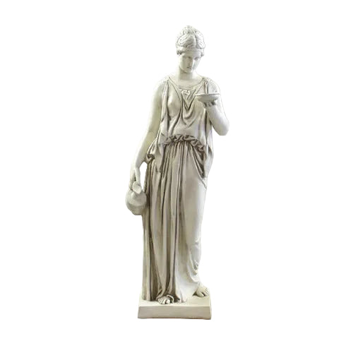 Classical Greek-style female statue in draped robes, holding a jug and a shallow bowl, featuring ornate, Renaissance-inspired details.