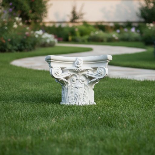 Corinthian column capital with ornate acanthus leaves, volutes, and classical old world European detailing in Renaissance style. Side Angle