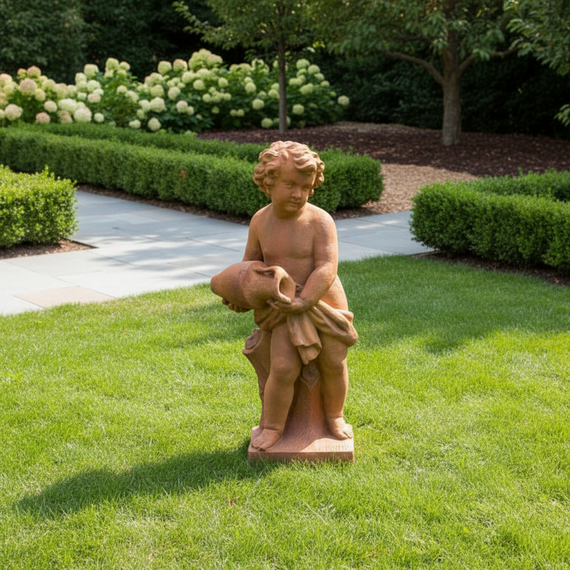 Cherub holding Jug on Tree Stump base Outdoor Statue (38 - Inch) Side Angle
