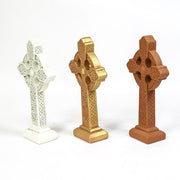Celtic crosses with ornate, old world European patterns and intricate medieval knotwork in classical standing designs. Side View