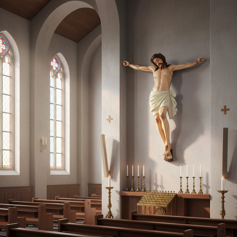 Crucifix statue featuring Jesus with a crown of thorns in a classical, old world European style with ornate, Renaissance details. Side Angle