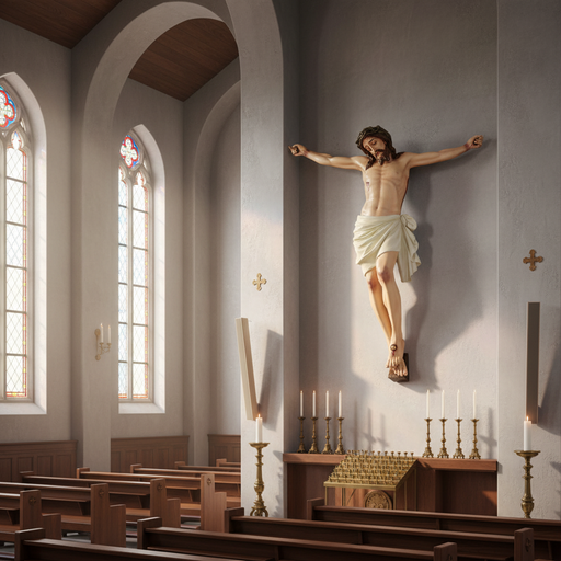 Crucifix statue featuring Jesus with a crown of thorns in a classical, old world European style with ornate, Renaissance details. Side Angle