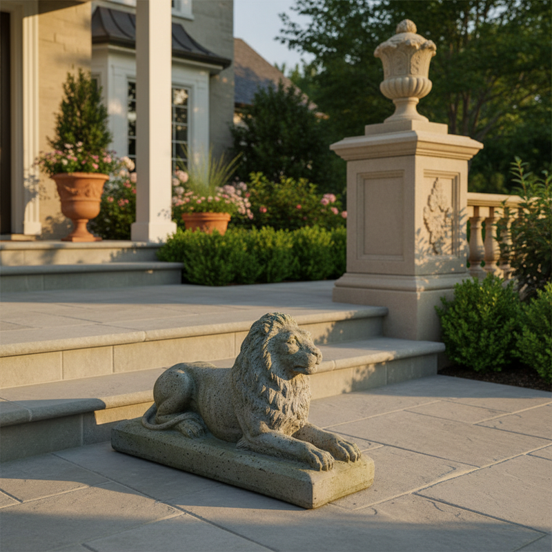Sentinel Lion Small Garden Statue (8 - Inch) Side Angle